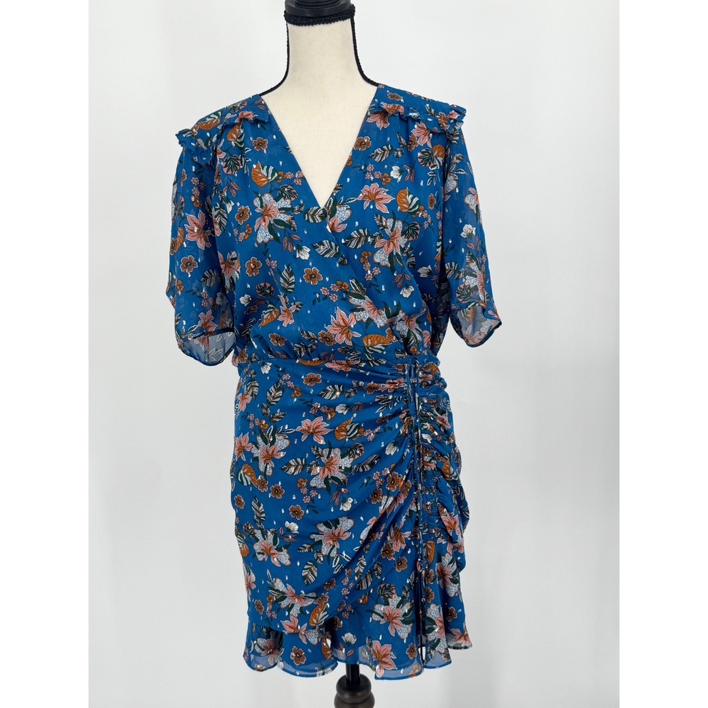Veronica Beard Dress Women 8‎ Blue Floral Silk Metallic Ruched Mini